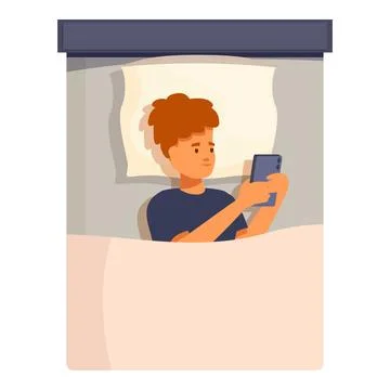 Young man lying in bed using smartphone late at night Stock Illustration