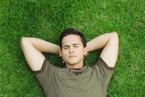 Young man lying on grass with hands behind head, eyes closed, high angle view Stock Photos