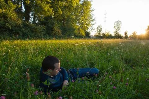 Young man lying in grass Foto stock