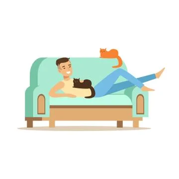 Young man lying on a light blue sofa and playing with his cats, man resting at Illustrazione stock