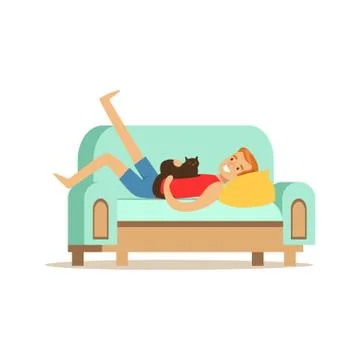 Young man lying on a light blue sofa with his cat, man resting at home vector Stock-Illustration