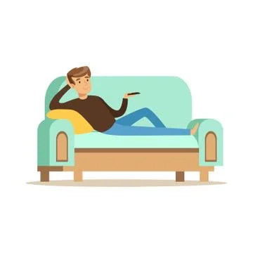 Young man lying on a sofa and watching TV, male resting at home vector Stock-Illustration