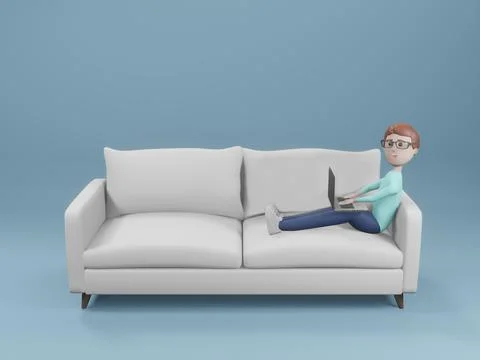 Young man lying on sofa and using laptop computer Illustrazione stock