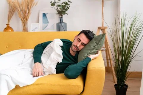 Young man lying on sofa and sleeping in cozy living room at home Stock Photos