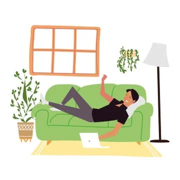 Young man lying on sofa with computer indoor activities Stock Illustration