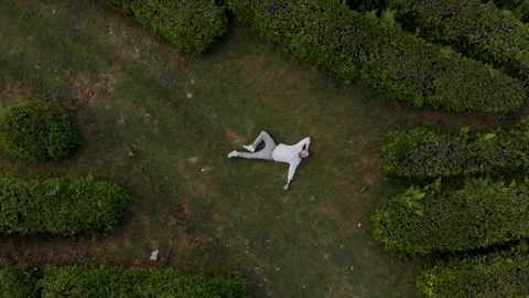 Young man lying on tea plantations Stock Footage 152555559