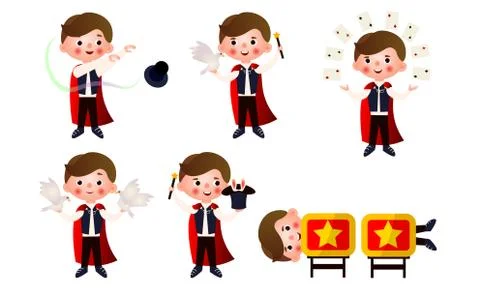 Young man magician with magic objects doing miracles vector illustration 스톡 일러스트