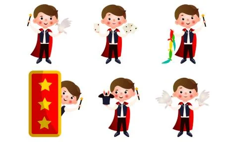 Young man magician with magic objects making miracles vector illustration Stock Illustration