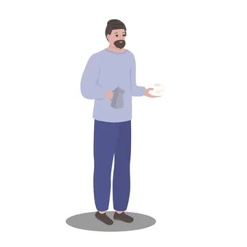 Young man making coffee. Professional barista holding coffee pot and cup for Stock Illustration
