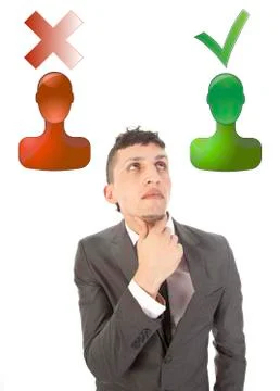 Young man making good or bad choice isolated on white background Stock Photos