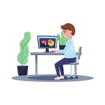 Young man making order of pizza using computer. Fast food delivery service. Flat Stock Illustration