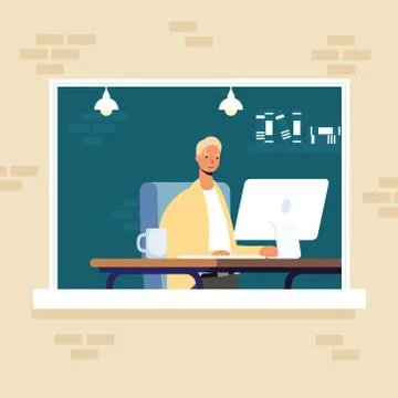 Young man male using desktop in workplace window scene イラスト素材