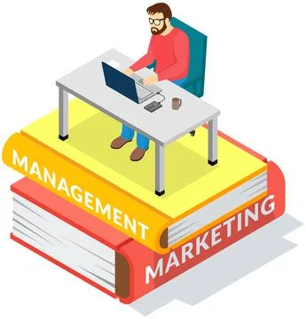 Young man marketer sitting on stack of large books and using tablet pc studying Stock Illustration