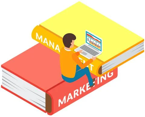 Young man marketer sitting on stack of large books and using laptop computer Stock Illustration