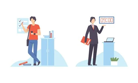 Young Man Marking List of Task with Tick and with Time Display Vector Set Stock Illustration