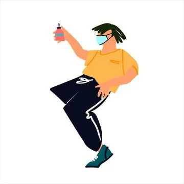 Young man in mask dancing with spray sanitizer. Hand and respiratoty hygien.. Stock Illustration