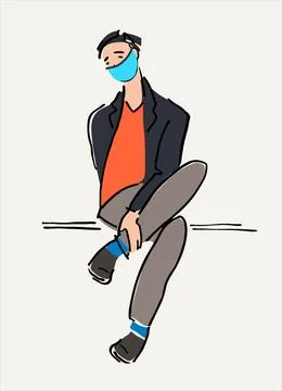 Young man in mask sitting on a bench illustration. Respiratory hygiene duri.. Stock Illustration