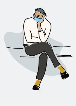 Young man in mask sitting on a bench illustration. Respiratory hygiene duri.. Stock Illustration