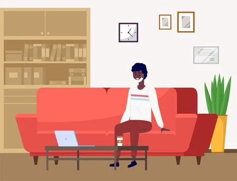 Young man in mask sitting on the sofa at the small table with a laptop indoors Stock-Illustration