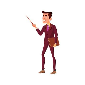 Young man math teacher pointing at blackboard with stick and showing theorem  Stock Illustration