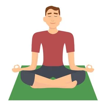 Young man meditating in lotus pose on green mat flat vector illustration Stock Illustration