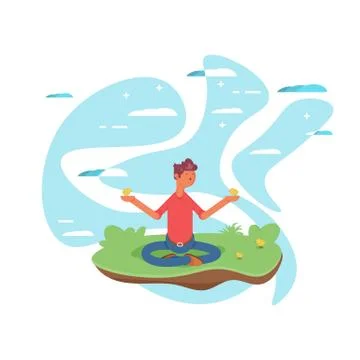 Young man meditating on nature vector illustration. Boy practicing yoga to re Illustrazione stock