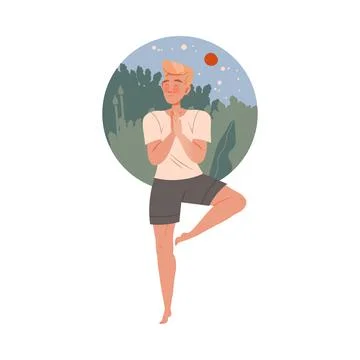 Young man meditating in Tree pose in nature. Young woman practicing yoga and Stock Illustration