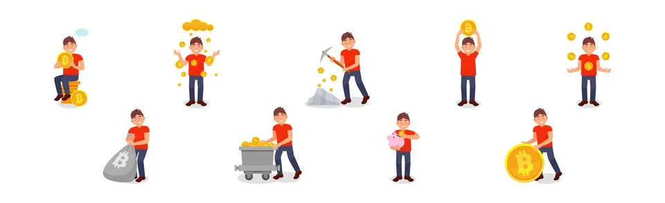 Young Man Mining Bitcoin as Virtual Money Vector Illustration Set. Stock Illustration