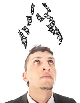 Young man with money falling down isolated on white background Stock Photos