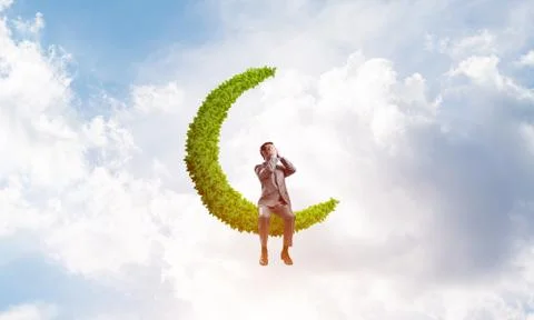 Young man on moon do not want to see anything Stock Photos