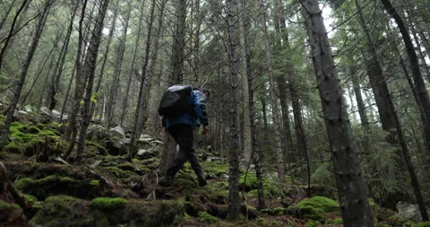 A young man in a mountain hiking with a backpack Stock Footage 243724673