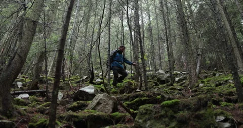 A young man in a mountain hiking with a backpack Stock Footage 243727995