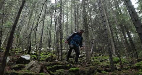A young man in a mountain hiking with a backpack Stock-Footage 243729423