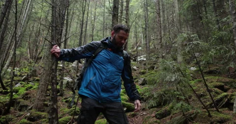 A young man in a mountain hiking with a backpack Stock Footage 243736227