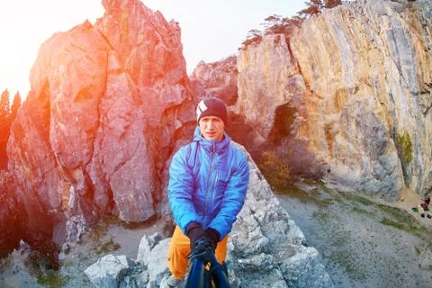 Young man in the mountains Stock Photos