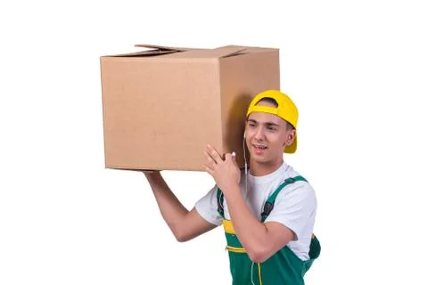 Young man moving boxes isolated on white Stock Photos