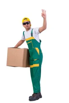 Young man moving boxes isolated on white Stock Photos