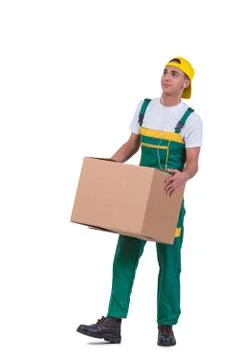 Young man moving boxes isolated on white 写真素材