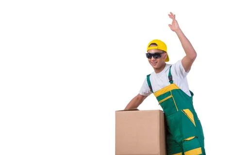 Young man moving boxes isolated on white Stock Photos
