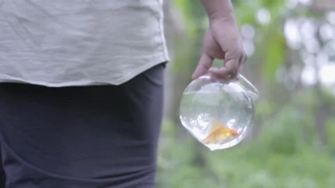 Young man moving forward with globe of fish in hand youth isolation Video stock 130355914