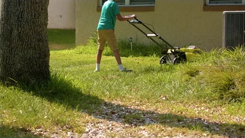 Young man mows around a tree a couple different times in his suburban backyard Stockbeeldmateriaal 109552926