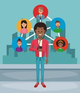 Young man with network contacts Stockillustratie