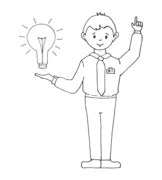 Young man in office clothes presents a light bulb, idea. 스톡 일러스트