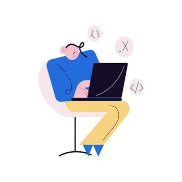 Young man office worker or freelancer working as programmer at laptop Stock-Illustration