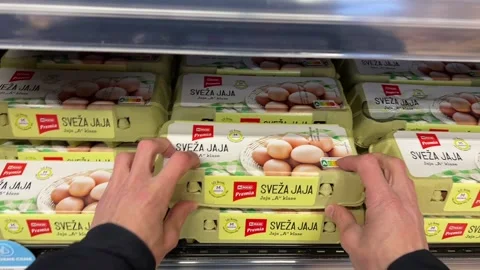 A young man opens a carton with eggs in a store and checks out the condition Stock Footage 240242691