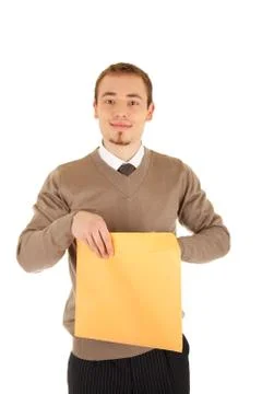 Young man opens a post package Stock Photos