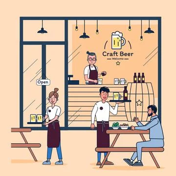A young man opens a small beer shop Sell craft beer and food. イラスト素材
