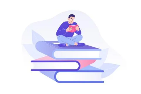 Young man or boy reading a book sitting on huge books. Studying or preparing Stock Illustration