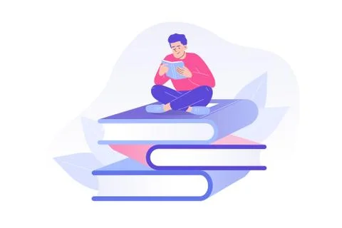 Young man or boy reading a book sitting on huge books. Studying or preparing  Stock Illustration