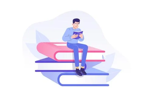 Young man or boy reading a book sitting on huge books. Studying or preparing  Stock Illustration